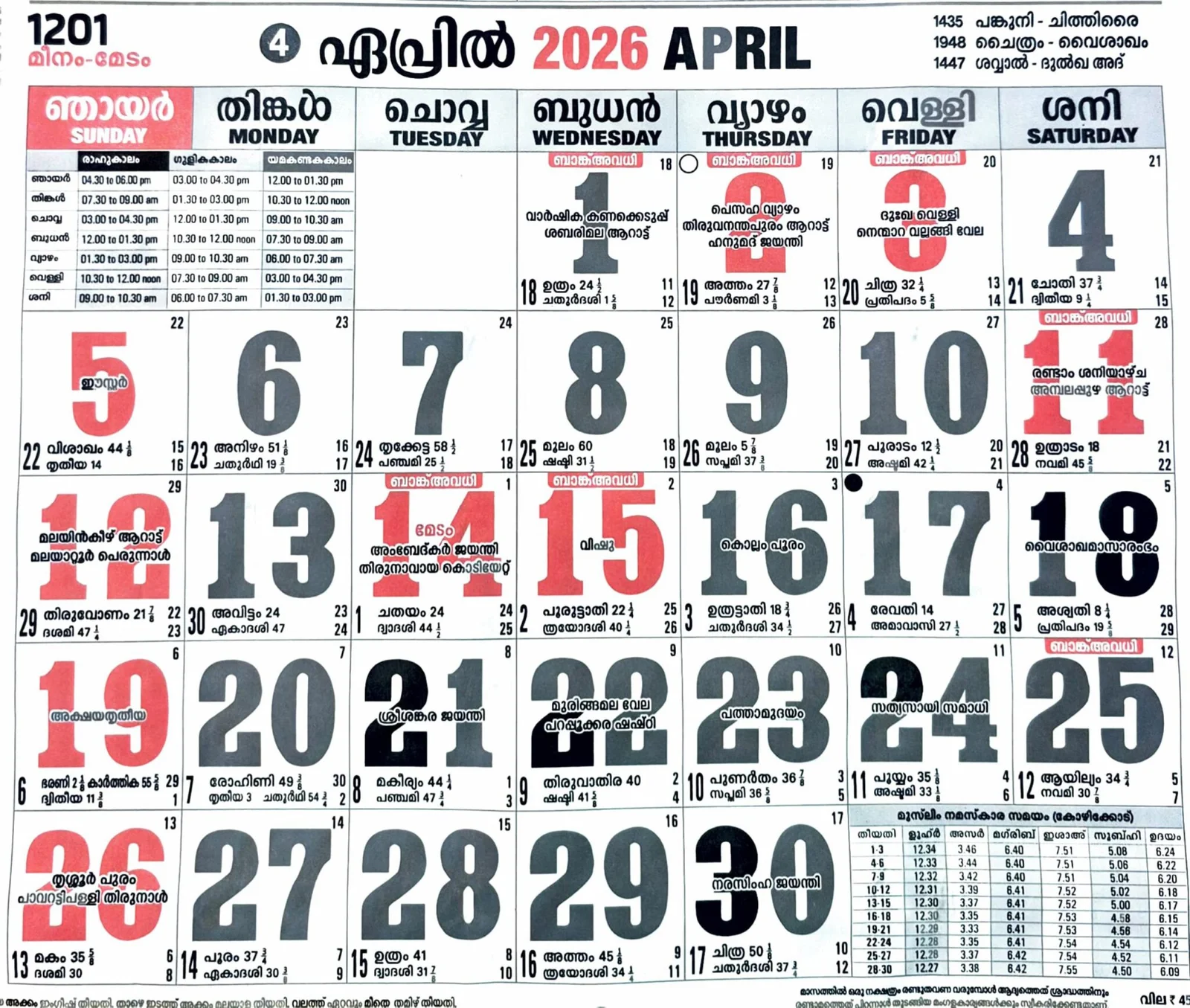 Malayalam Calendar March 2026