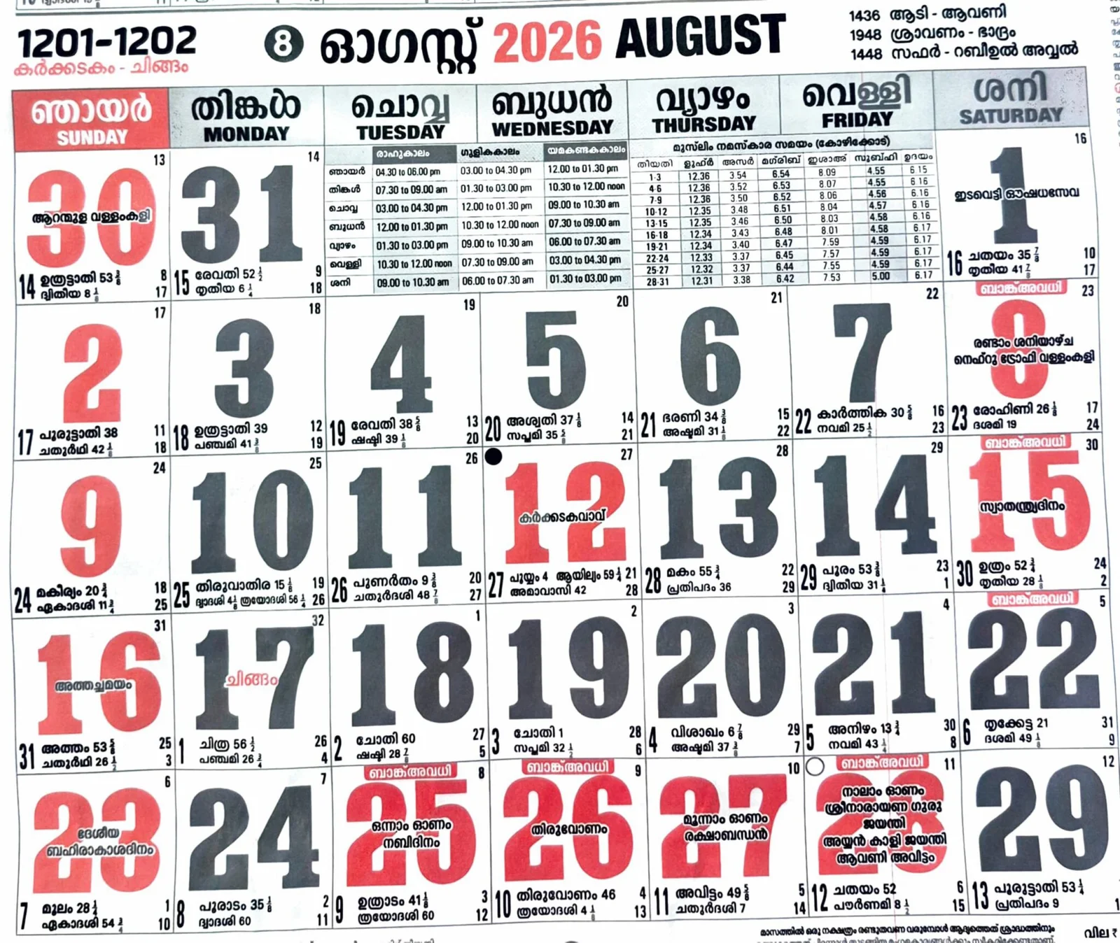Malayalam Calendar March 2026