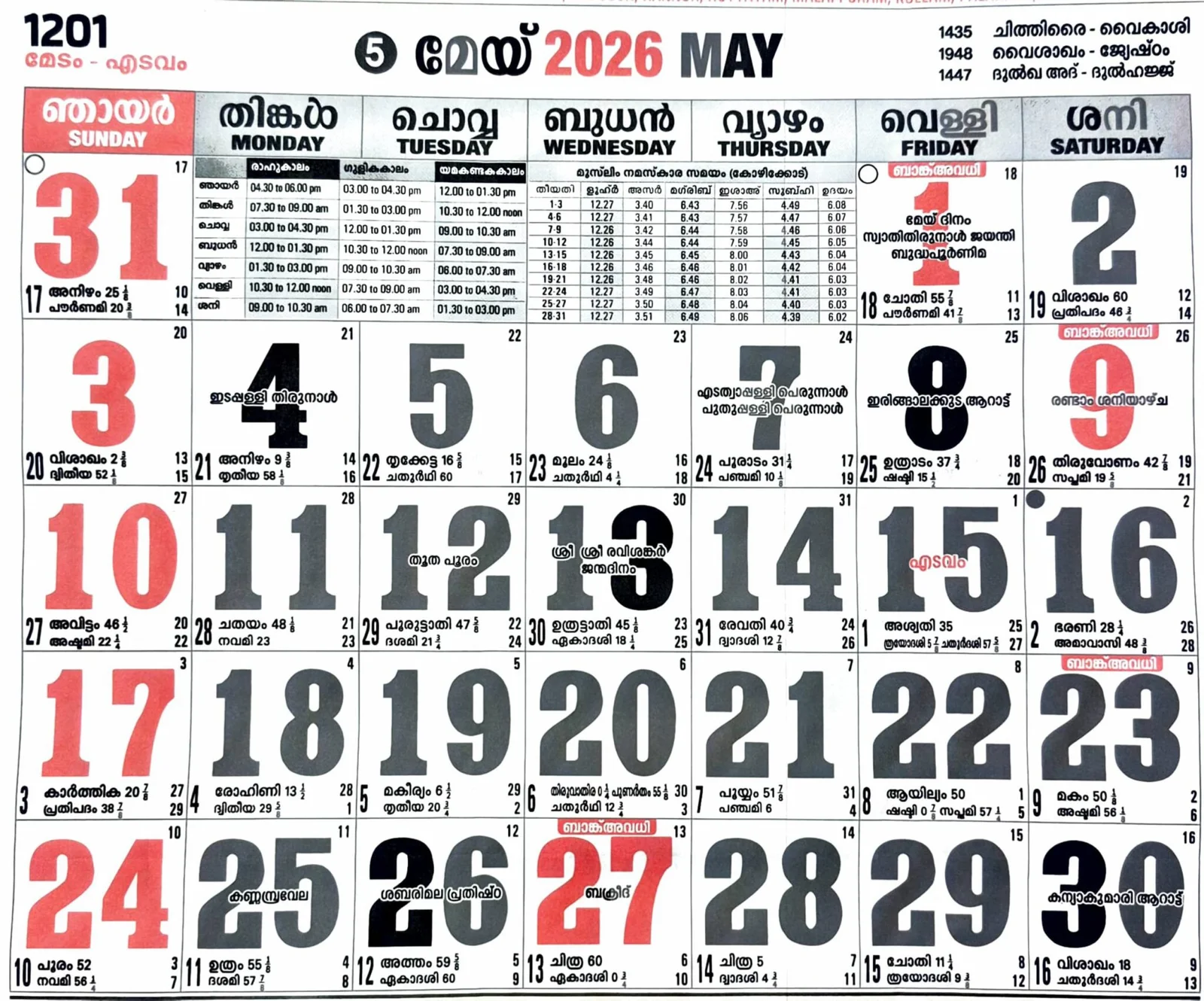 Malayalam Calendar March 2026