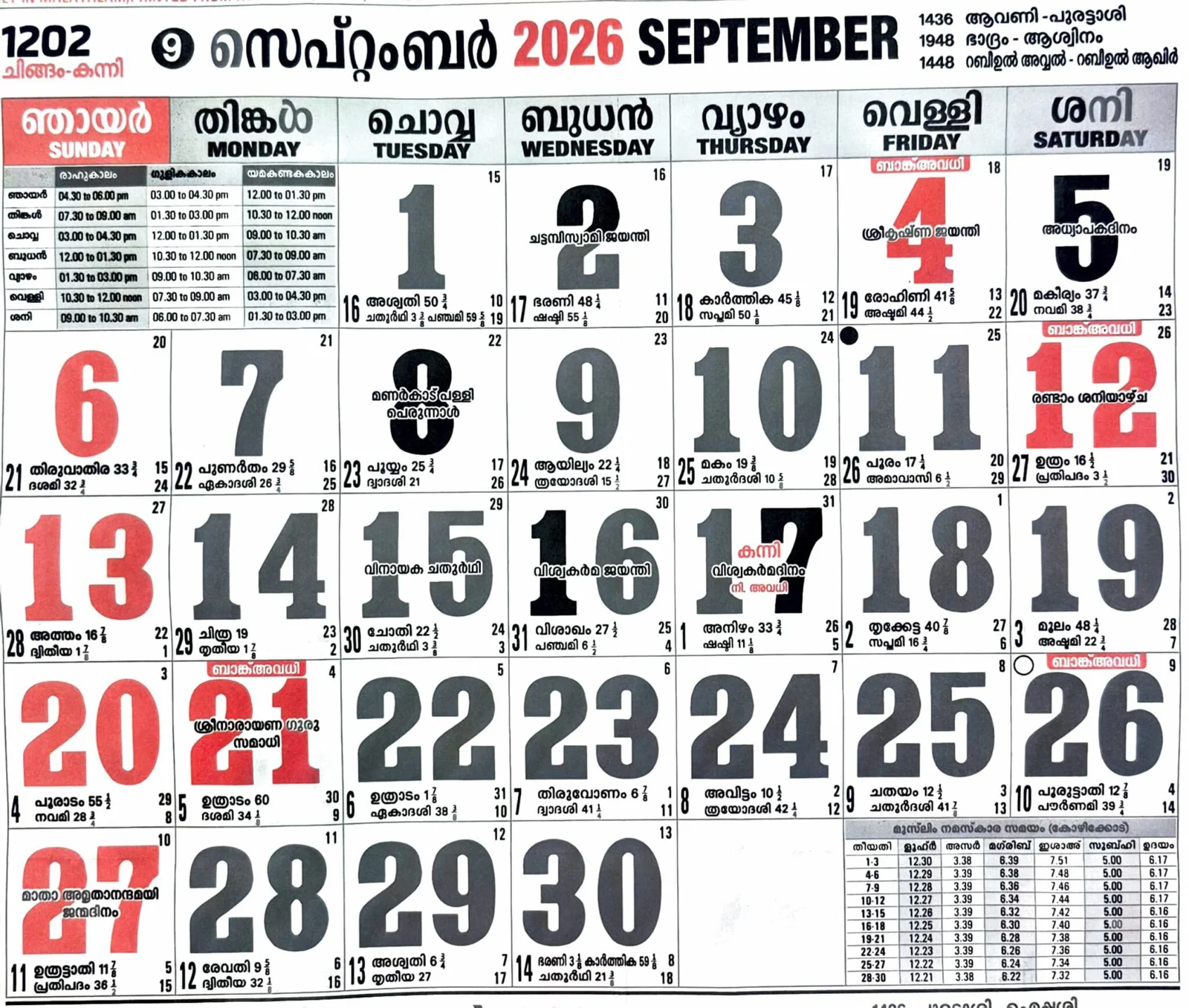 Malayalam Calendar March 2026